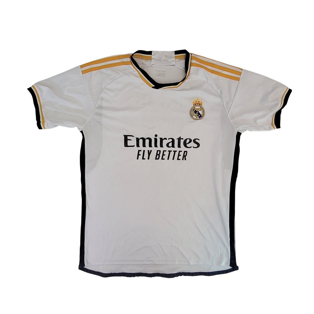 Real Madrid 7 Vini Jr. Soccer Jersey White Gold Black Men's Large Short Sleeve